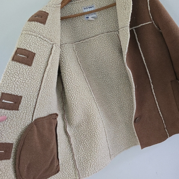 Old Navy Y2K Coat Tan Faux Suede Sherpa Shearling Lined Outdoor Jacket  M Vtg - Picture 2 of 13